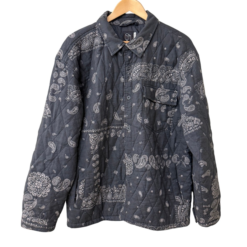 Original Use Mens Paisley Bandana Quilted Shacket Jacket Cotton Size Large Gray